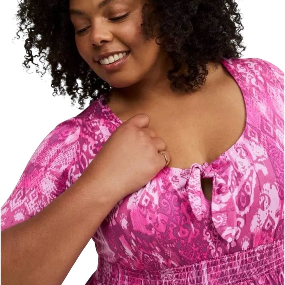 Torrid Super Soft Tie Front Babydoll Top Smocked Blouse Shirt Pink 1 US 1X - Picture 3 of 12